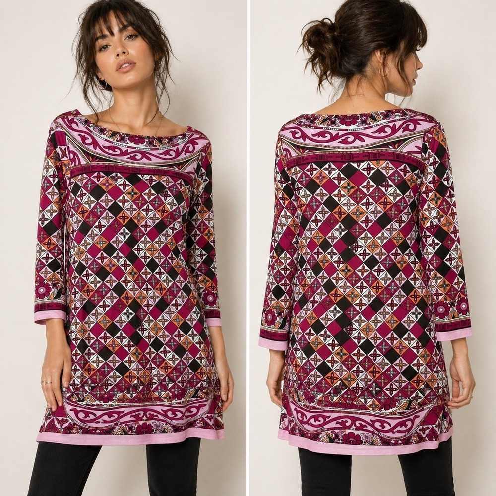 Tory Burch Top Womens Large Pink 100% Silk Boat Neck Pullover Mosaic Retro Tunic